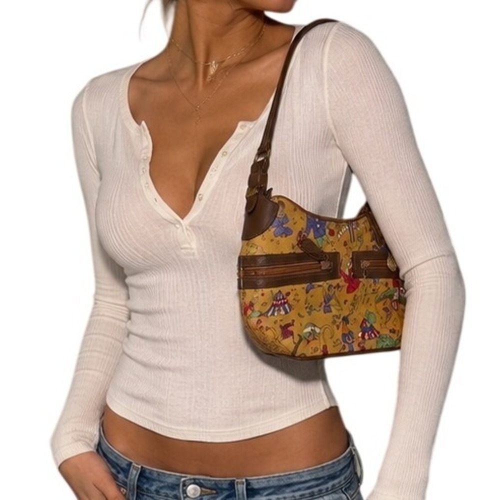 Euro Y2K Whimsical Piero Guidi Shoulder Bag Magic Circus Print Leather Trim